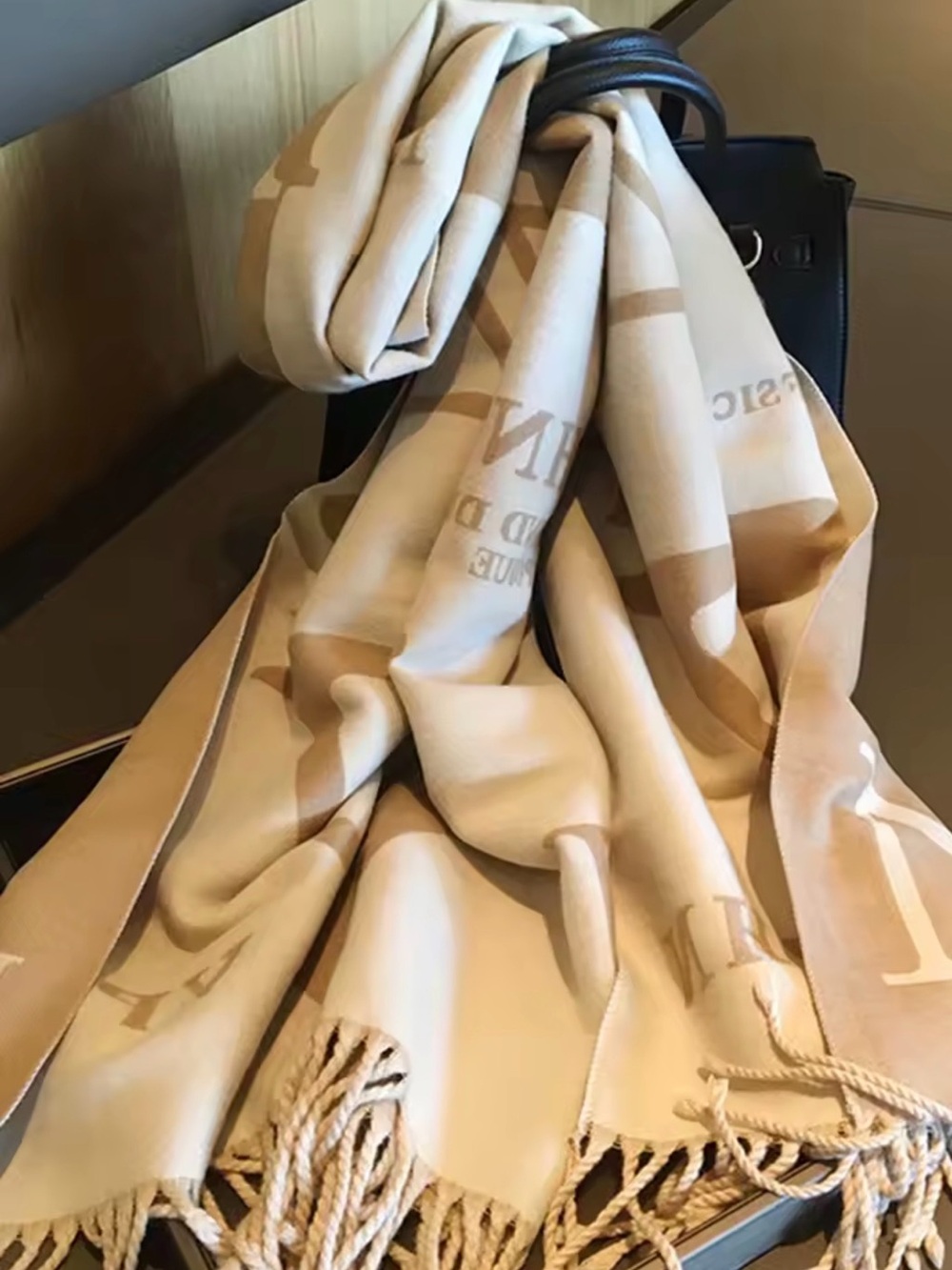 Beige Logo Fringe Scarf by